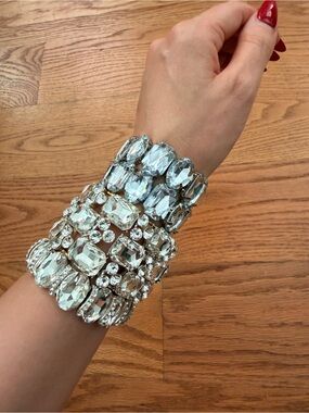 Burlesque Jewelry Crystal Statement Cuff Bracelet - Silver Clear set of 3